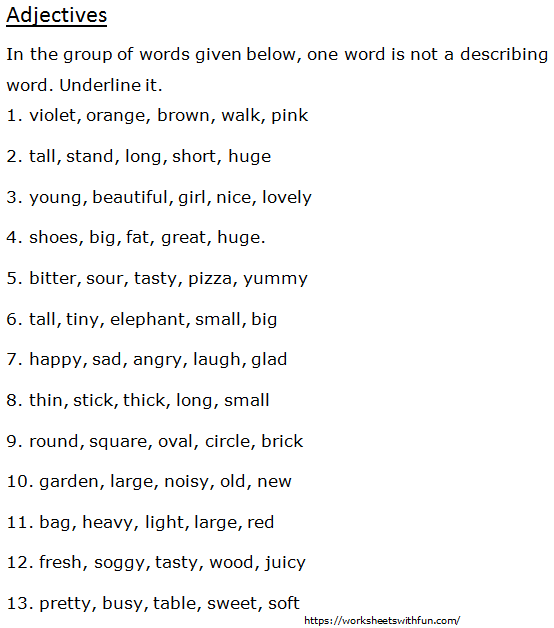 English Class 1 Adjectives In The Group Of Words Given Below One Word Is Not A Describing 